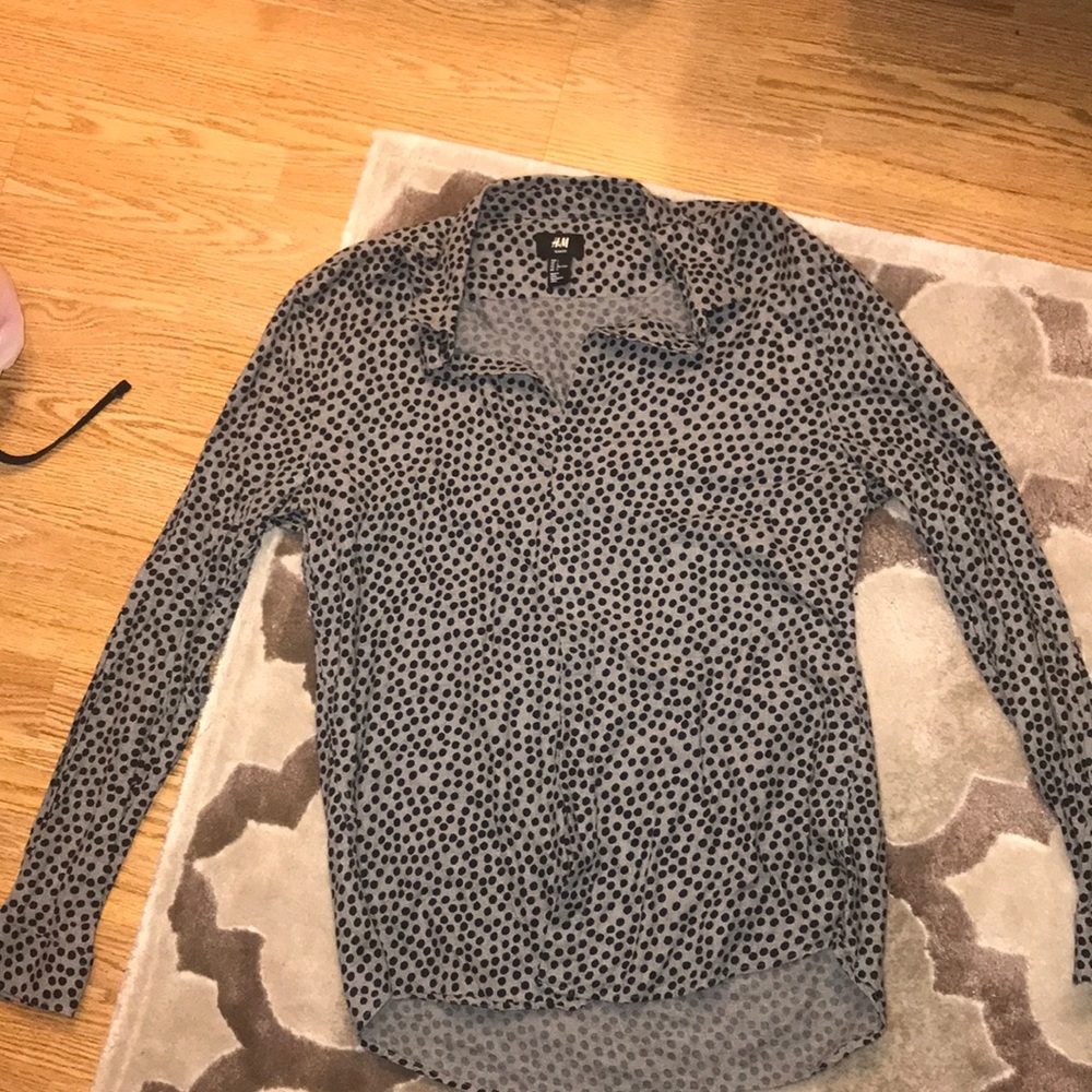 Gray and black polka dot button down